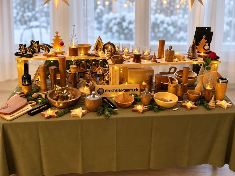 Unser Weihnachtsmarktstand im vergangenen Jahr mit handgefertigten Holzprodukten und warmen Lichtern